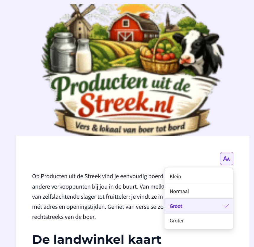De knop Tekstgrootte met het menu Klein, Normaal, Groot en Groter